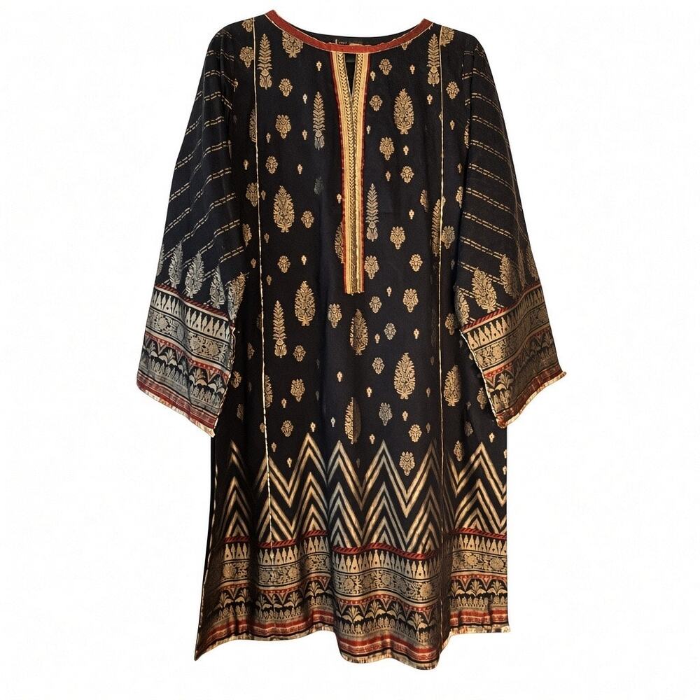 J. Pret Junaid Jamshed Kurta Dress L 14 Black Gold Cotton Pakistani Boho